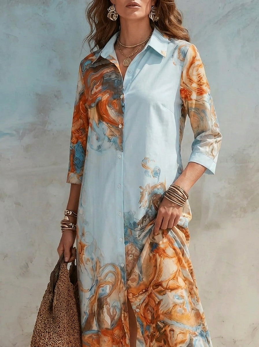Francesca | Vestito Lungo Chemisier Donna Stampa Artistica Maniche 3/4