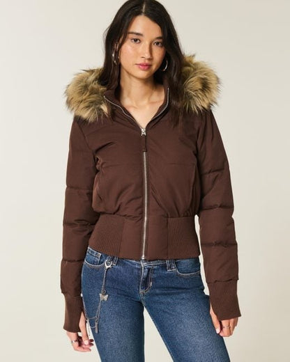 Giorgia | Piumino Donna Cropped con Cappuccio Pelliccia Sintetica