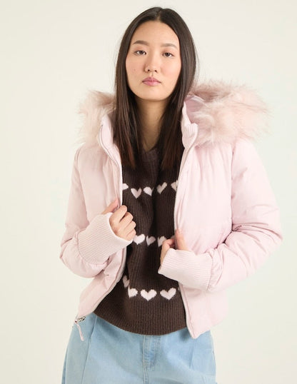 Giorgia | Piumino Donna Cropped con Cappuccio Pelliccia Sintetica