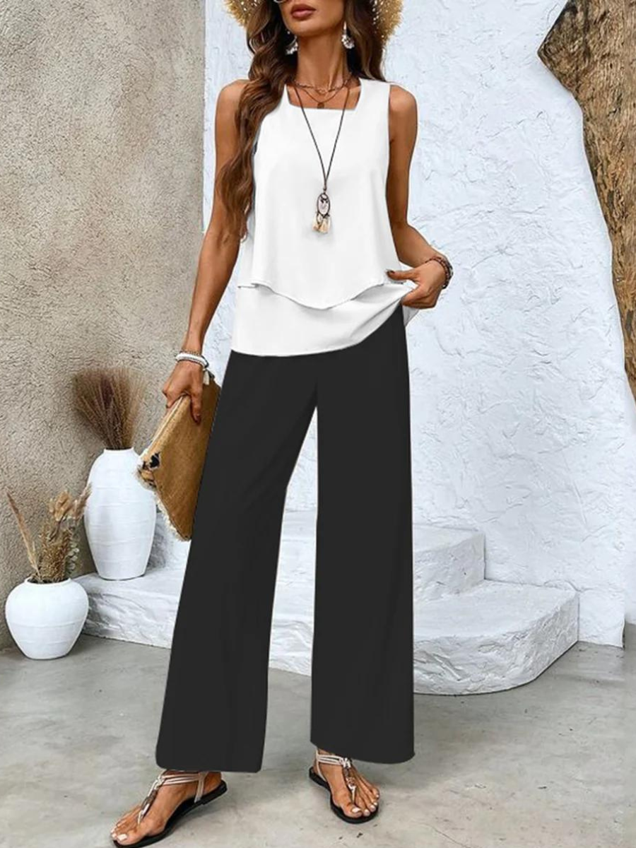 Giulia | Coordinato Donna Top Senza Maniche Pantaloni a Gamba Larga Stampa Foglie