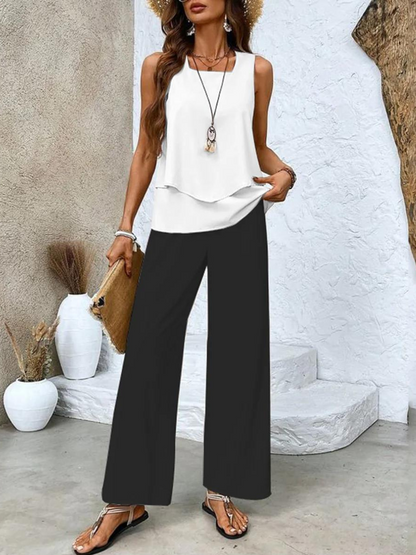 Giulia | Coordinato Donna Top Senza Maniche Pantaloni a Gamba Larga Stampa Foglie