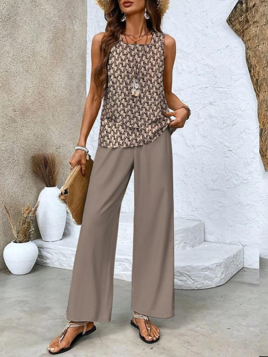 Giulia | Coordinato Donna Top Senza Maniche Pantaloni a Gamba Larga Stampa Foglie