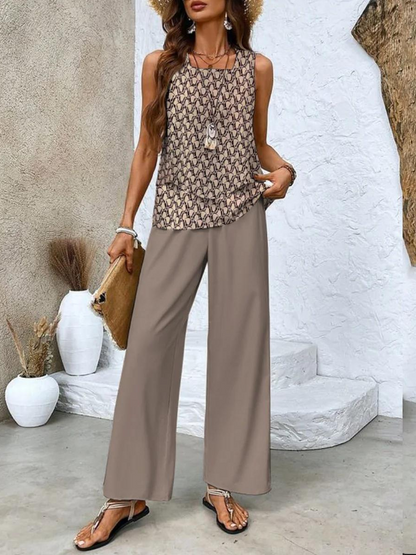 Giulia | Coordinato Donna Top Senza Maniche Pantaloni a Gamba Larga Stampa Foglie
