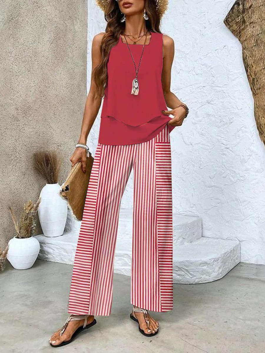 Giulia | Coordinato Donna Top Senza Maniche Pantaloni a Gamba Larga Stampa Foglie
