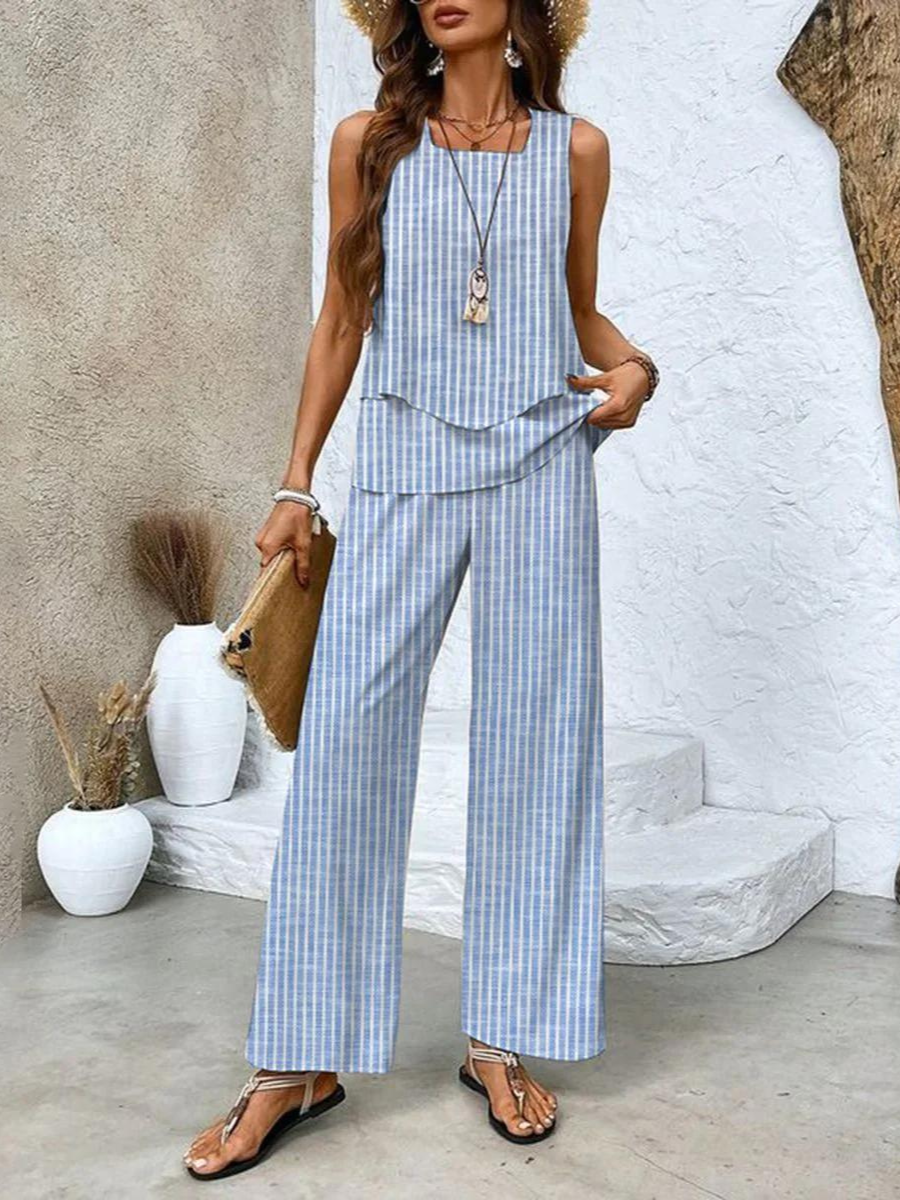 Giulia | Coordinato Donna Top Senza Maniche Pantaloni a Gamba Larga Stampa Foglie