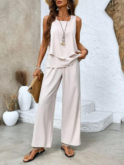Giulia | Coordinato Donna Top Senza Maniche Pantaloni a Gamba Larga Stampa Foglie