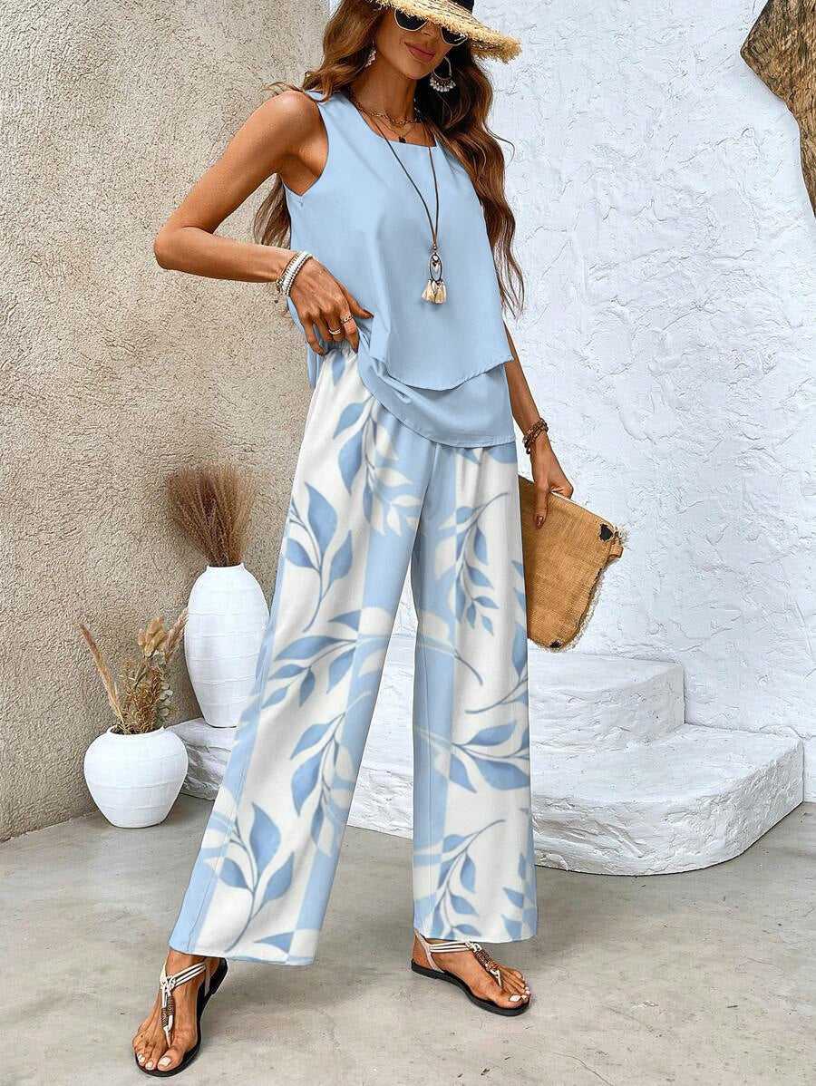 Giulia | Coordinato Donna Top Senza Maniche Pantaloni a Gamba Larga Stampa Foglie