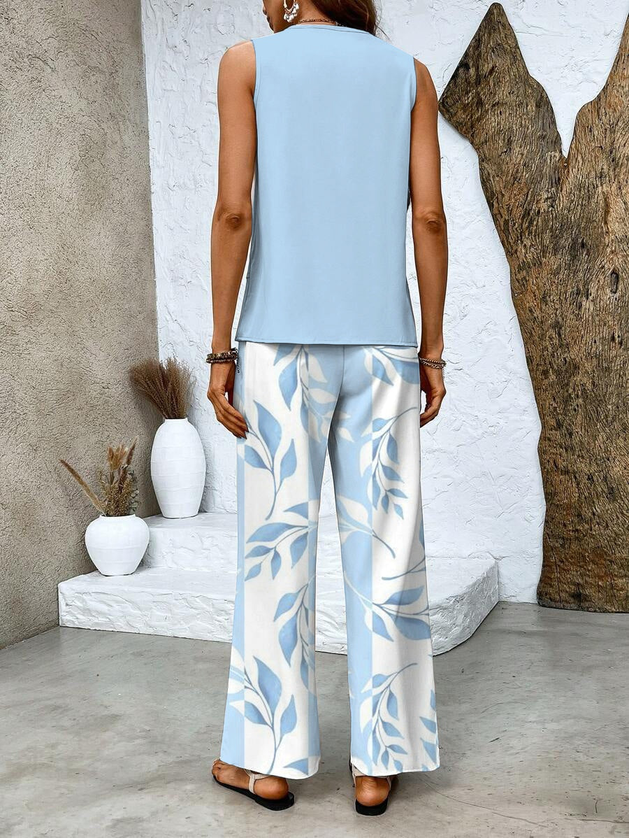 Giulia | Coordinato Donna Top Senza Maniche Pantaloni a Gamba Larga Stampa Foglie