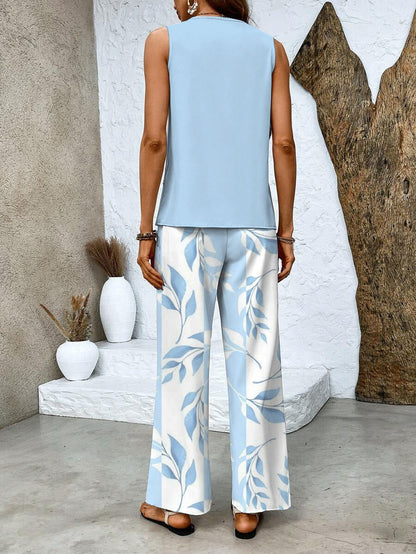 Giulia | Coordinato Donna Top Senza Maniche Pantaloni a Gamba Larga Stampa Foglie