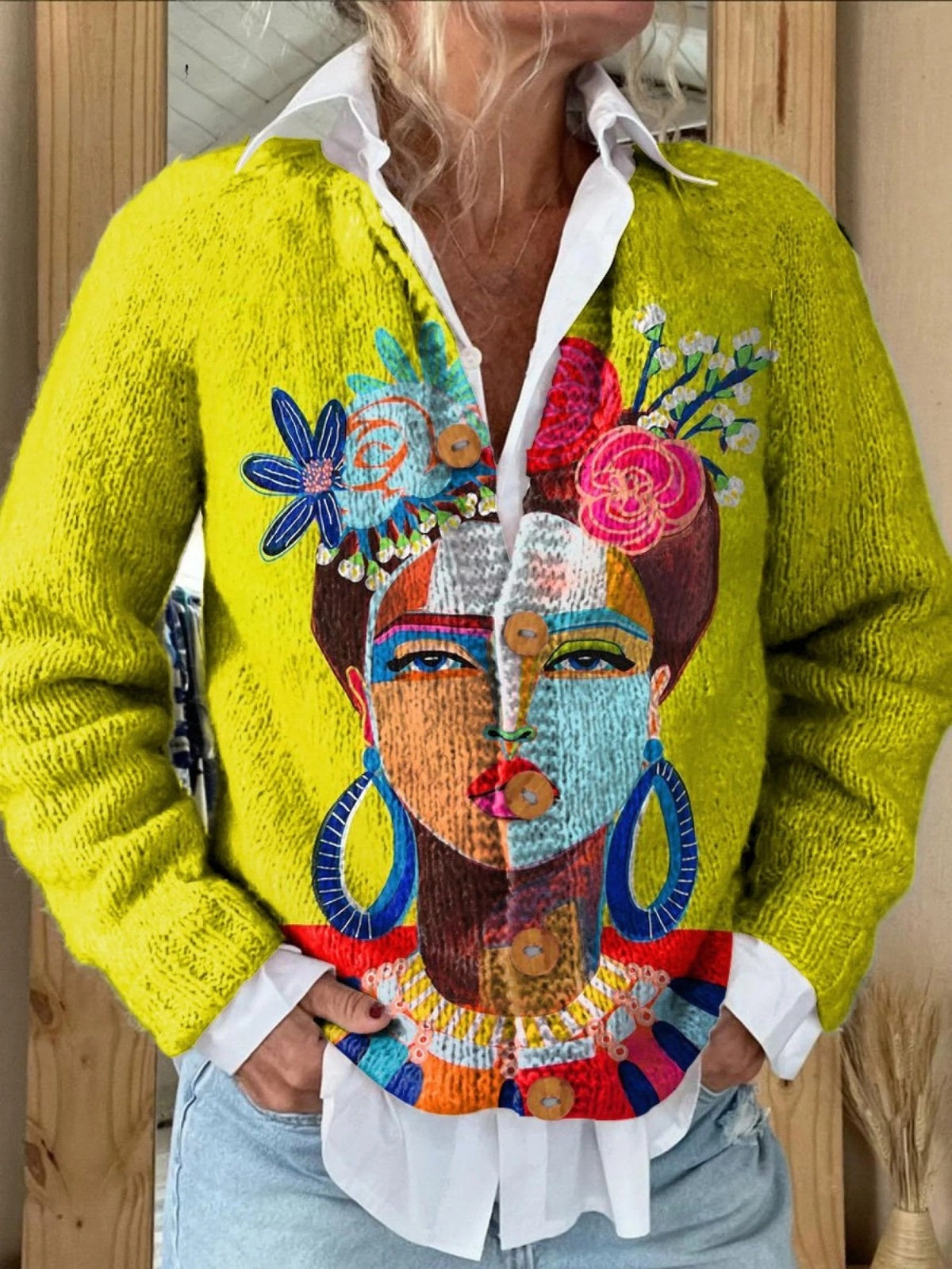 Giulia | Giacche Invernali Donna di Maglia Stampata Bottoni Floreali