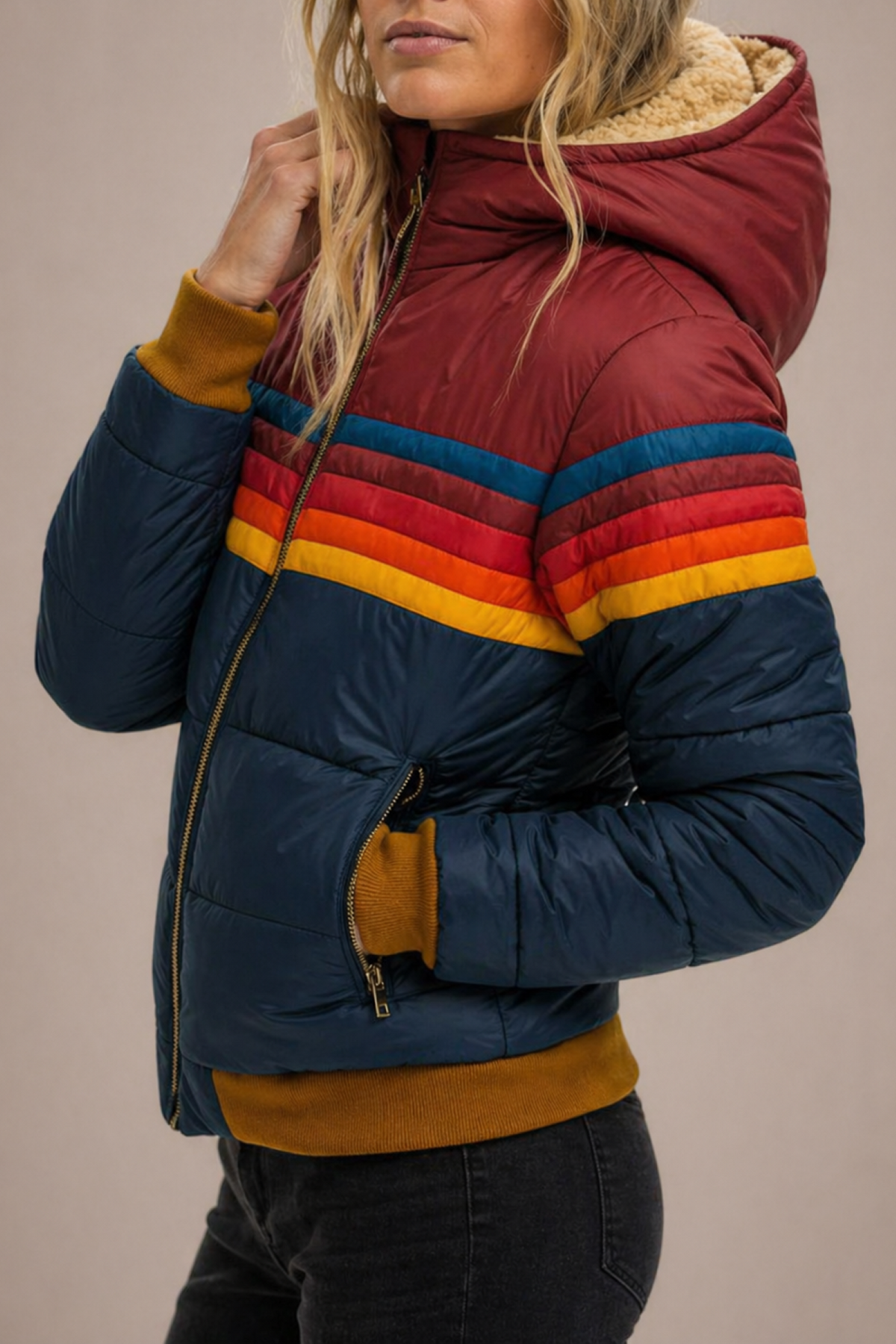 Giulia | Giubbotto Donna Trapuntato con Cappuccio Righe Retro
