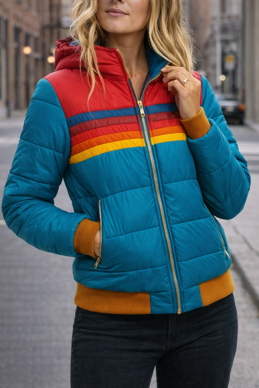 Giulia | Giubbotto Donna Trapuntato con Cappuccio Righe Retro