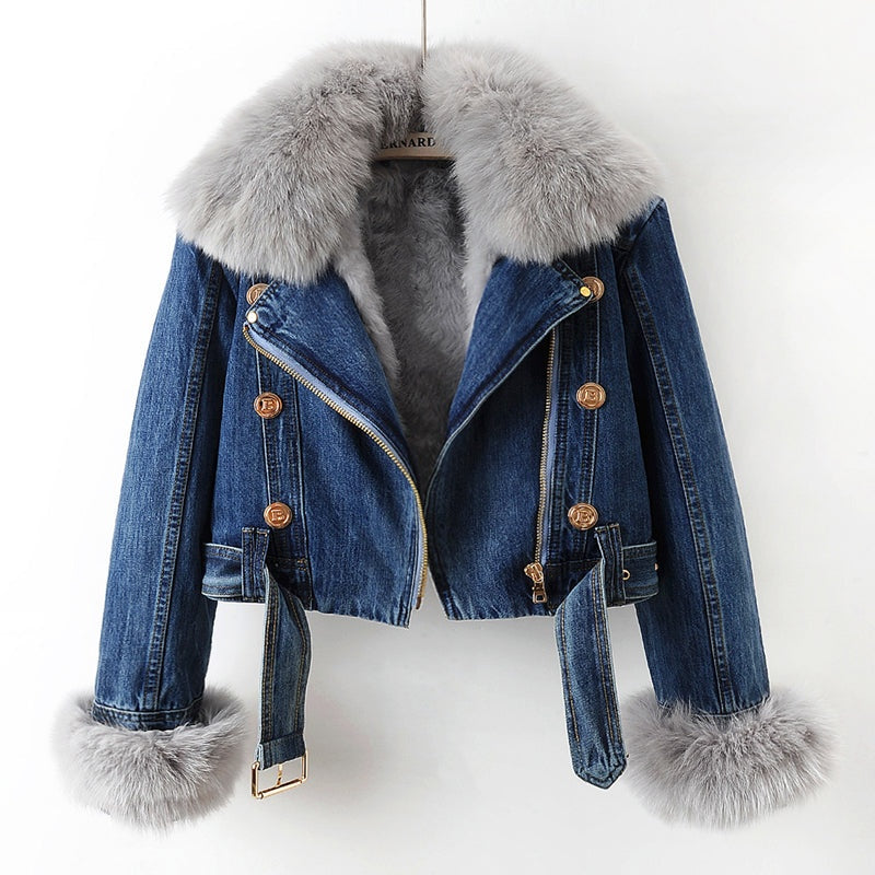 Greta | Giacca di Jeans con Pelliccia Donna Corta Foderata