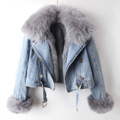 Greta | Giacca di Jeans con Pelliccia Donna Corta Foderata