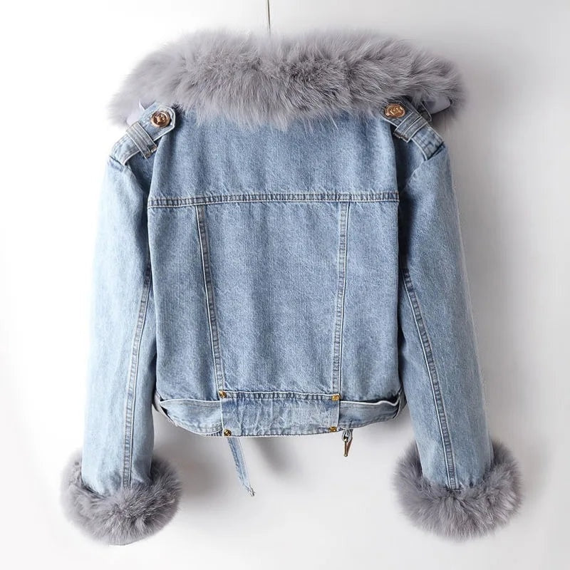 Greta | Giacca di Jeans con Pelliccia Donna Corta Foderata