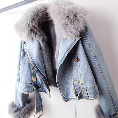 Greta | Giacca di Jeans con Pelliccia Donna Corta Foderata