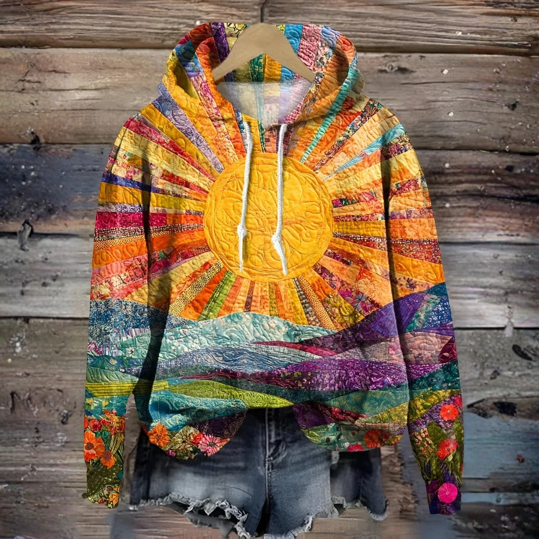 Greta | Pullover Donna con Cappuccio Stampa Patchwork Artistica Manica Lunga