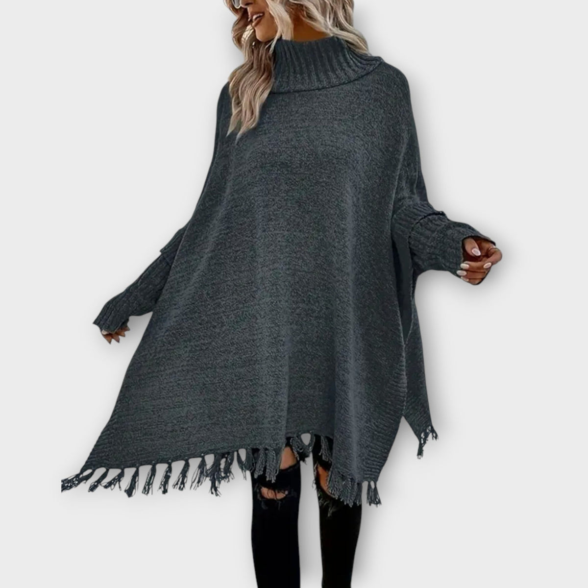 Irene | Poncho di Maglia Donna Collo Alto con Frange Oversize