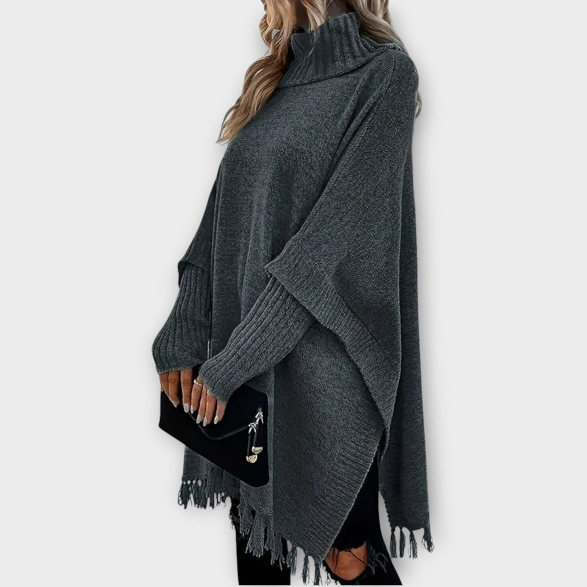 Irene | Poncho di Maglia Donna Collo Alto con Frange Oversize