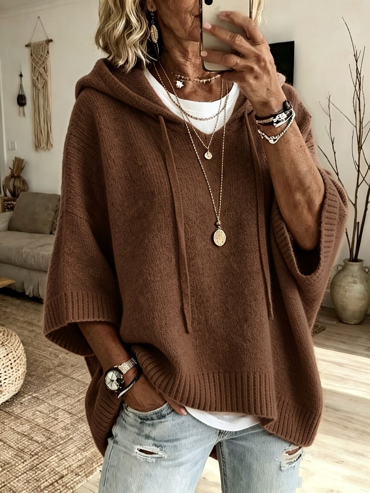 Livia | Poncho in Maglia con Cappuccio Donna Oversize