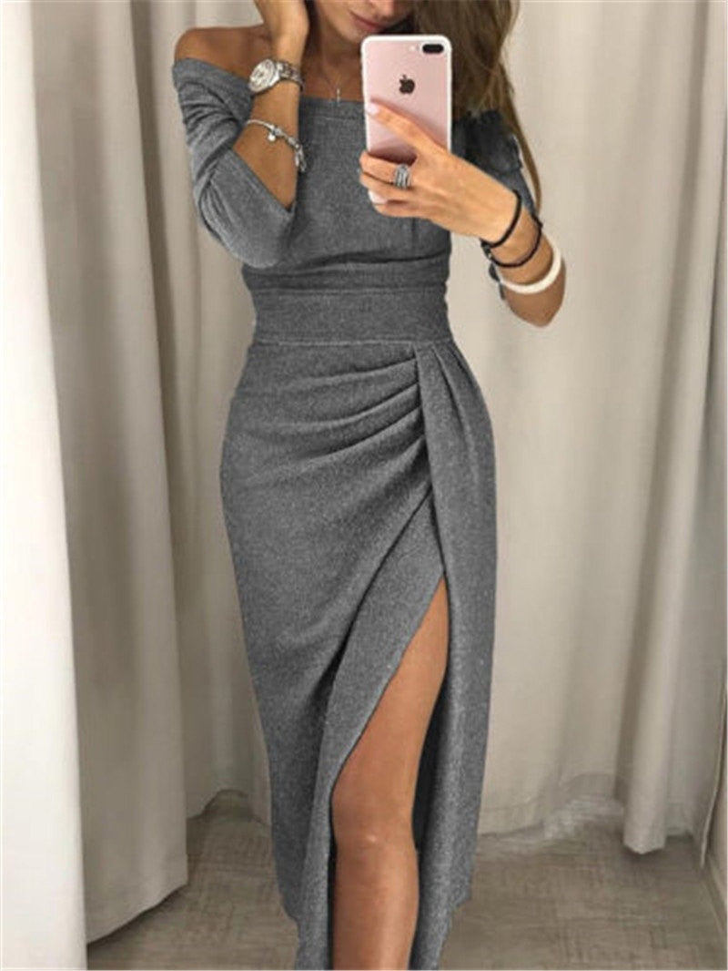 Livia | Vestito Maniche Lunghe Donna Scollatura Bardot Gonna Asimmetrica