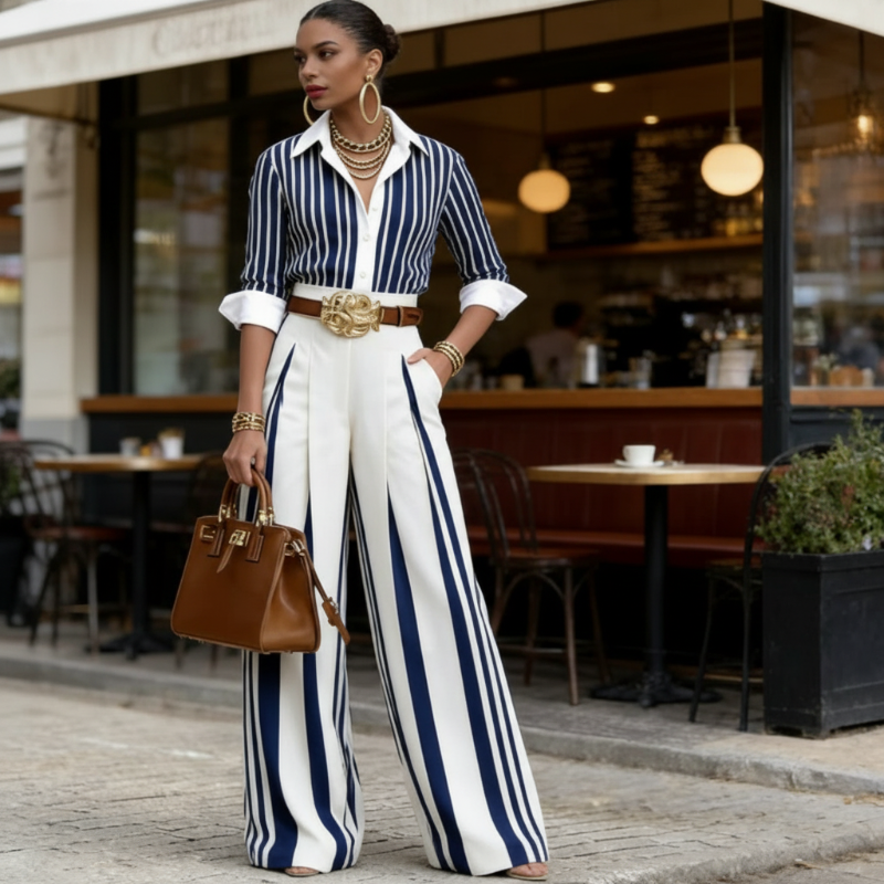 Matilde | Completo Donna a Righe Camicia e Pantaloni Palazzo