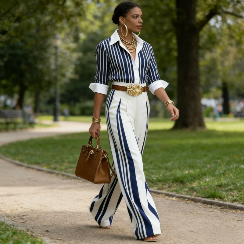 Matilde | Completo Donna a Righe Camicia e Pantaloni Palazzo