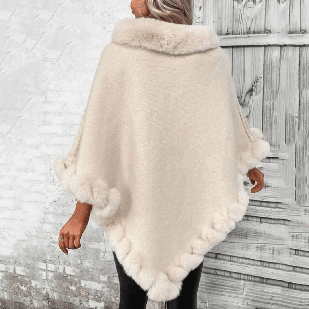 Poncho Donna in Maglia con Finiture in Pelliccia Sintetica