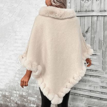 Poncho Donna in Maglia con Finiture in Pelliccia Sintetica