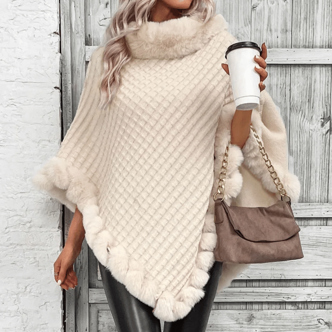 Poncho Donna in Maglia con Finiture in Pelliccia Sintetica
