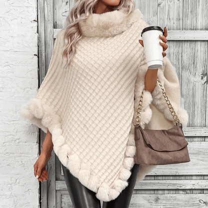 Poncho Donna in Maglia con Finiture in Pelliccia Sintetica