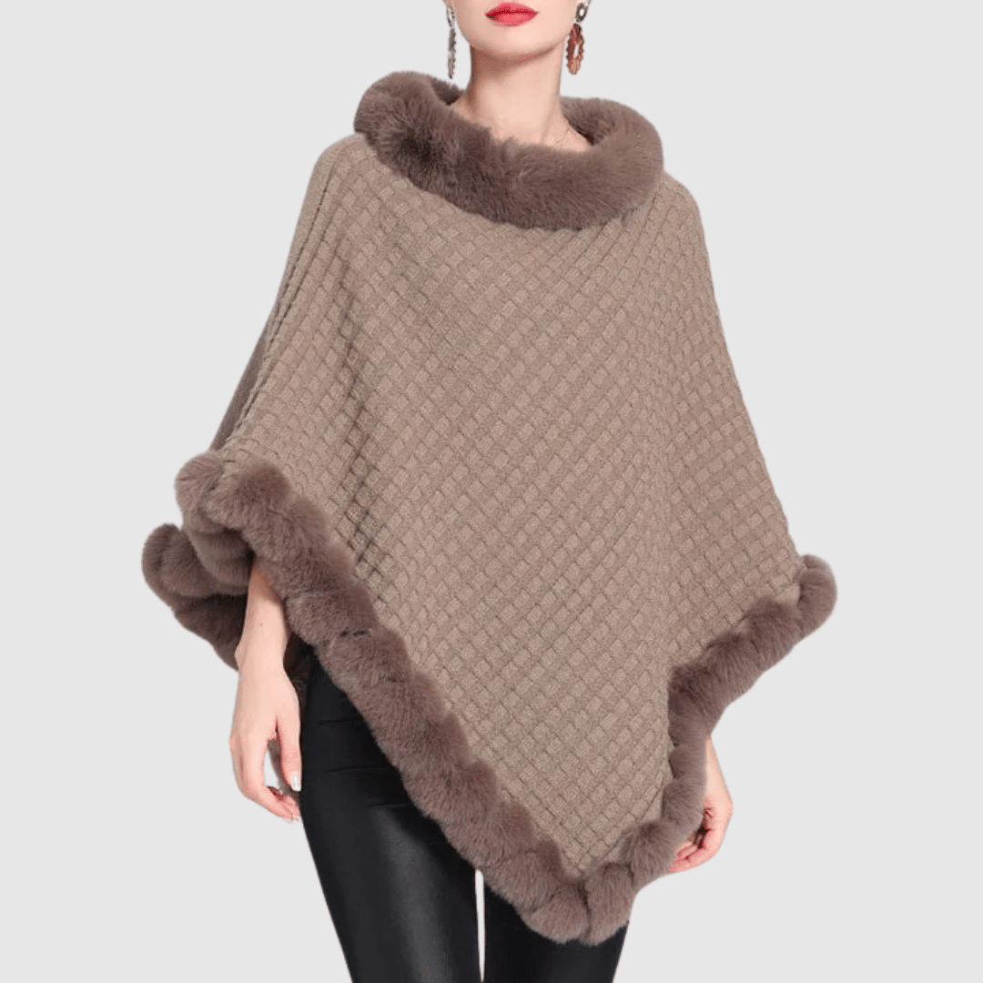 Poncho Donna in Maglia con Finiture in Pelliccia Sintetica