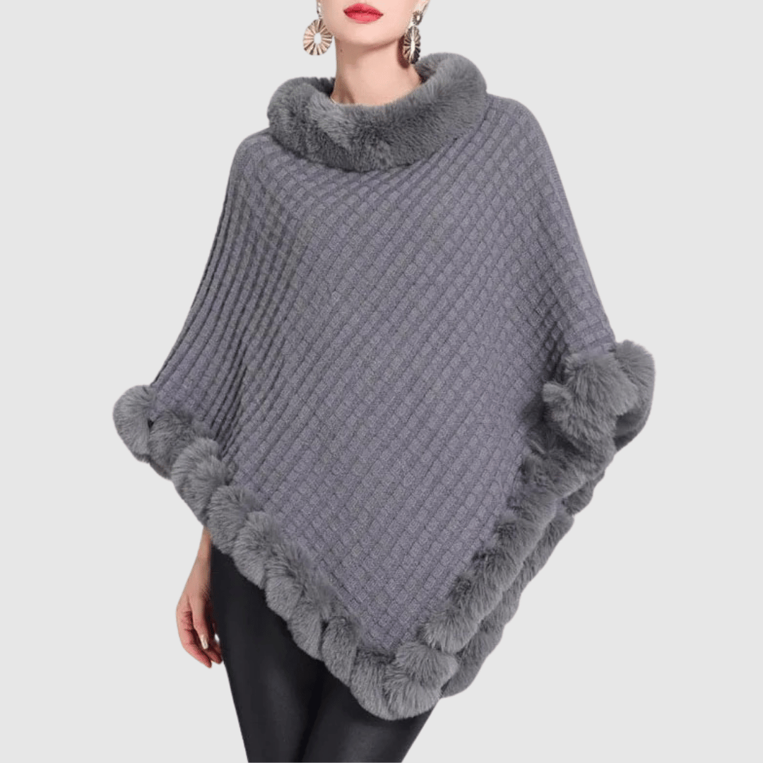 Poncho Donna in Maglia con Finiture in Pelliccia Sintetica