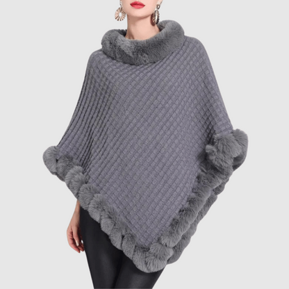 Poncho Donna in Maglia con Finiture in Pelliccia Sintetica
