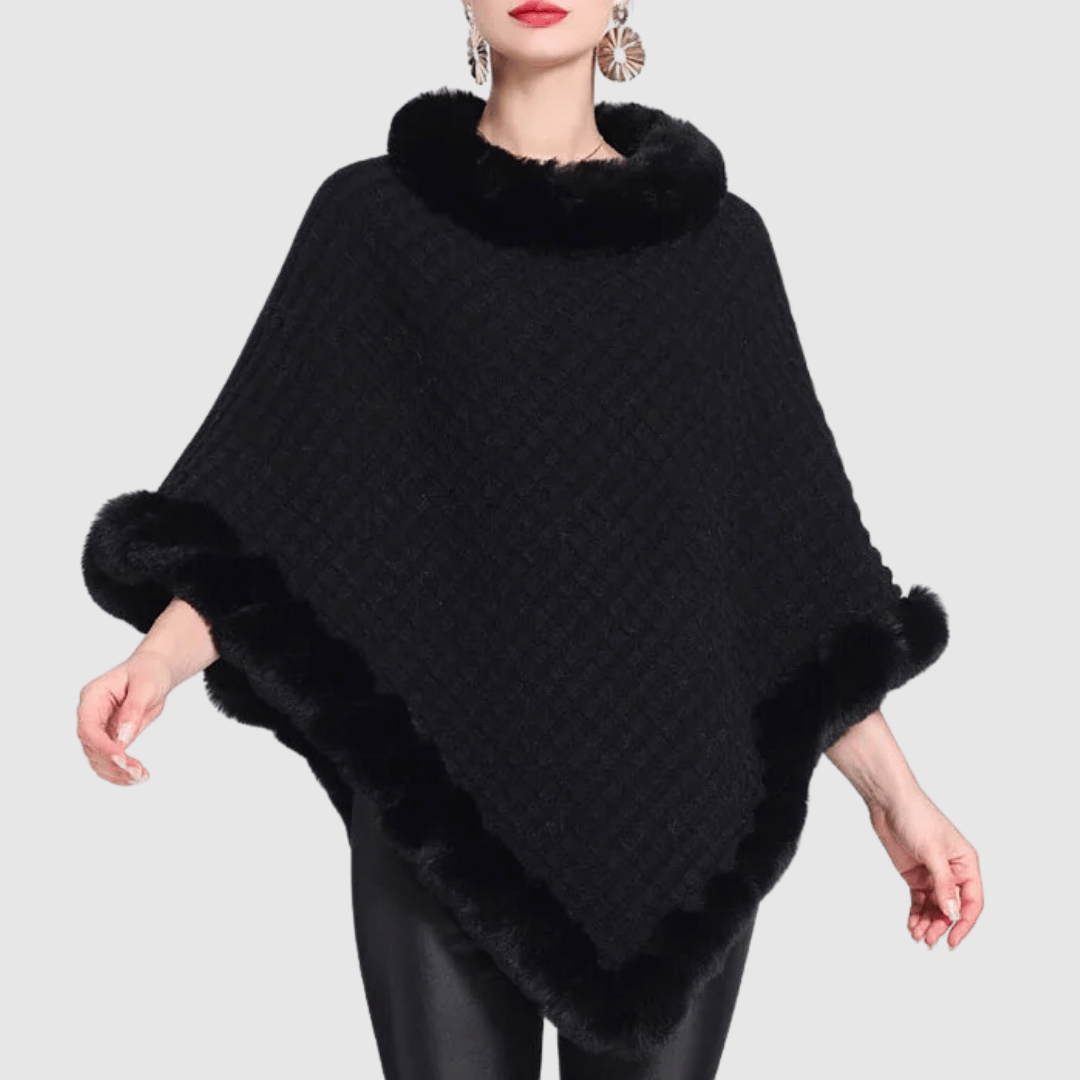 Poncho Donna in Maglia con Finiture in Pelliccia Sintetica