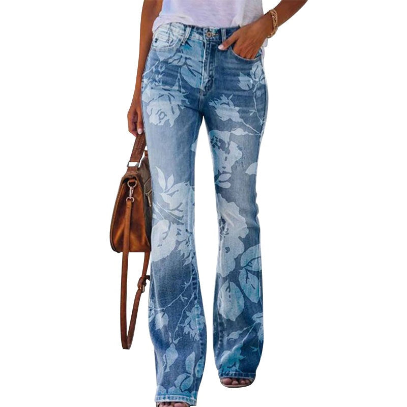 Sara | Jeans a Zampa Floreale Donna Vita Alta Strappati