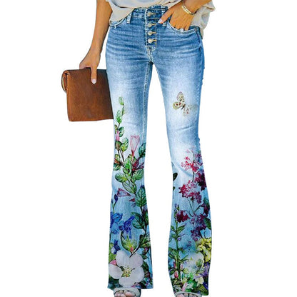 Sara | Jeans a Zampa Floreale Donna Vita Alta Strappati