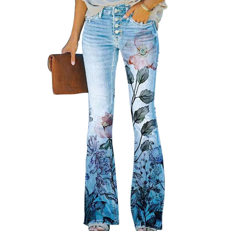 Sara | Jeans a Zampa Floreale Donna Vita Alta Strappati