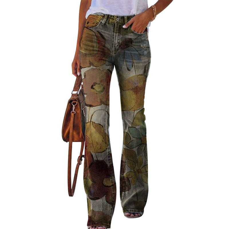 Sara | Jeans a Zampa Floreale Donna Vita Alta Strappati