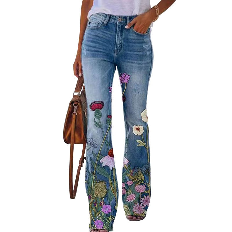 Sara | Jeans a Zampa Floreale Donna Vita Alta Strappati
