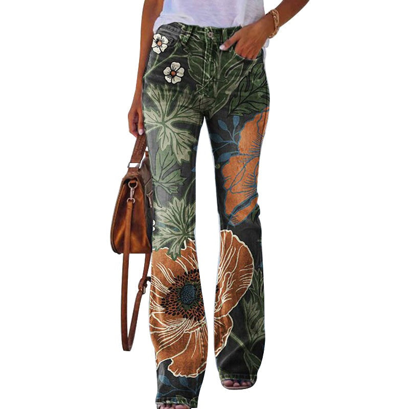 Sara | Jeans a Zampa Floreale Donna Vita Alta Strappati