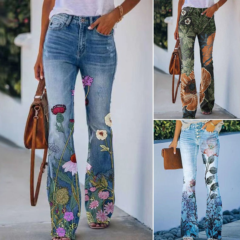Sara | Jeans a Zampa Floreale Donna Vita Alta Strappati