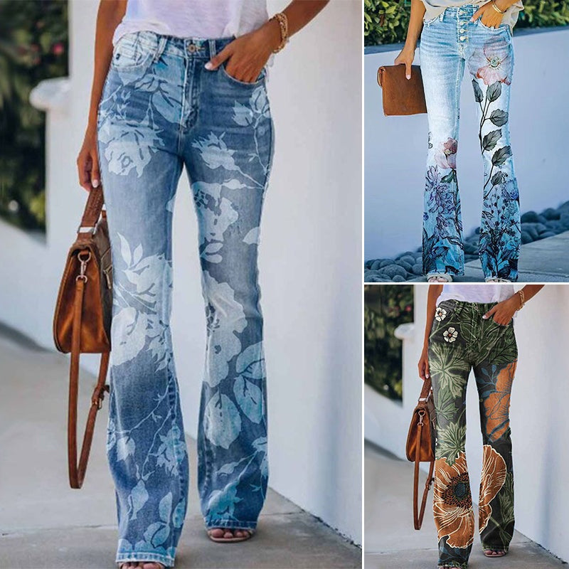 Sara | Jeans a Zampa Floreale Donna Vita Alta Strappati