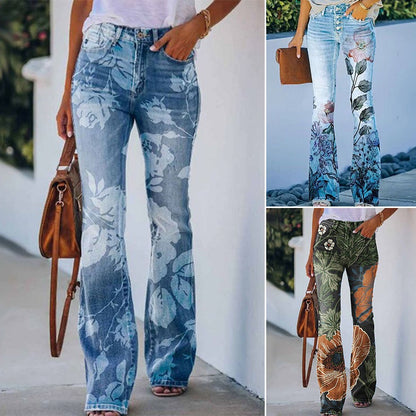 Sara | Jeans a Zampa Floreale Donna Vita Alta Strappati
