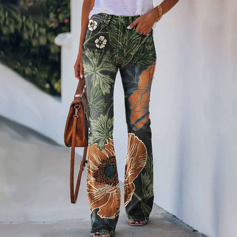 Sara | Jeans a Zampa Floreale Donna Vita Alta Strappati