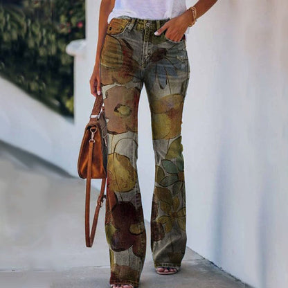 Sara | Jeans a Zampa Floreale Donna Vita Alta Strappati