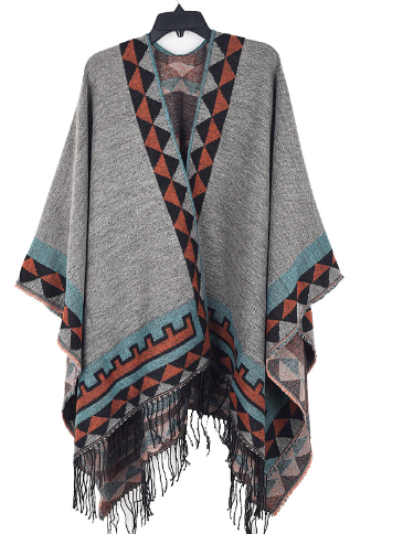 Sara | Poncho Donna a Maglia Geometrico con Frange