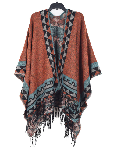 Sara | Poncho Donna a Maglia Geometrico con Frange