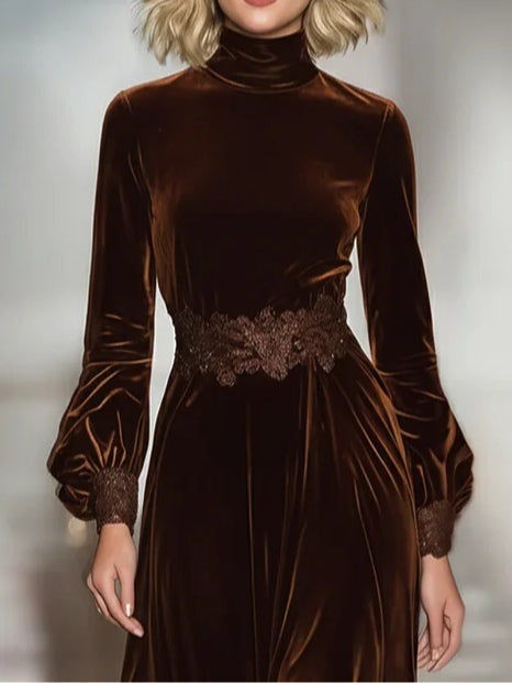 Simona | Vestito Lungo Maniche Lunghe Donna in Velluto con Pizzo