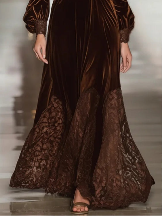Simona | Vestito Lungo Maniche Lunghe Donna in Velluto con Pizzo